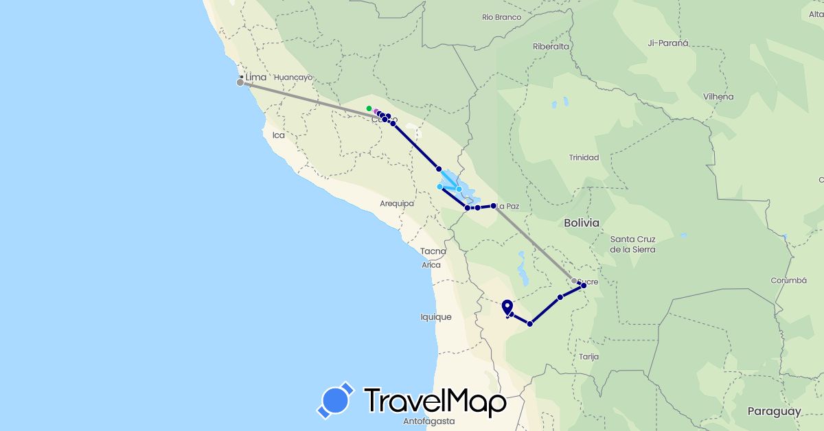 TravelMap itinerary: driving, bus, plane, train, boat in Bolivia, Peru (South America)